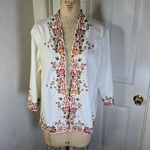 Floral Embroidered Susan Graver Open‎ Cardigan Linen Blend Womens XL